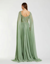 Green embellished chiffon cape sleeve a-line gown
