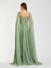 Green embellished chiffon cape sleeve a-line gown