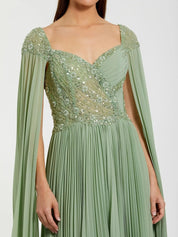 Green embellished chiffon cape sleeve a-line gown