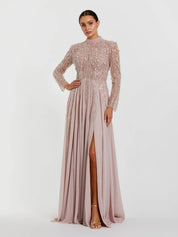 Light purple embellished long sleeve gown with slit