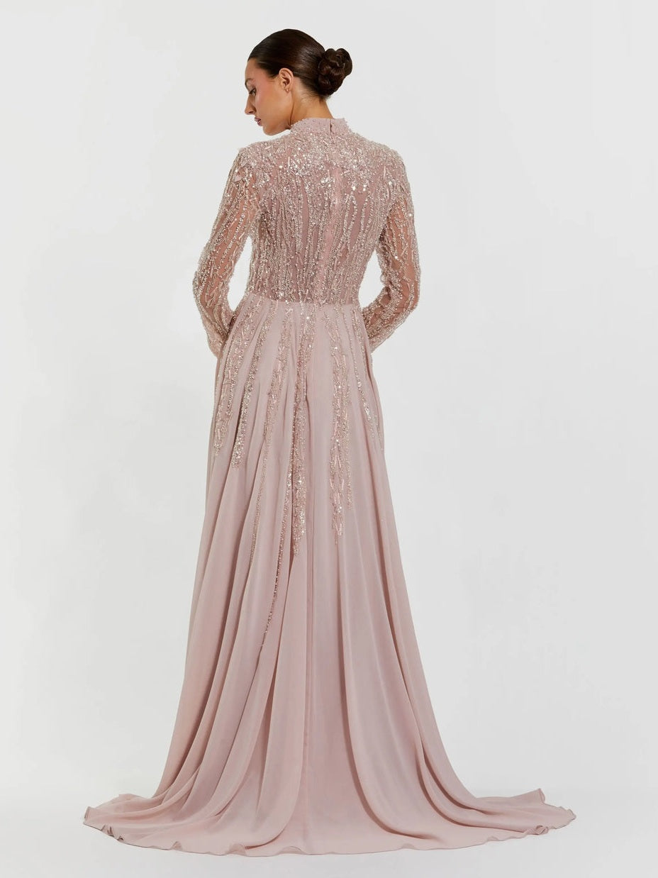 Light purple embellished long sleeve gown with slit