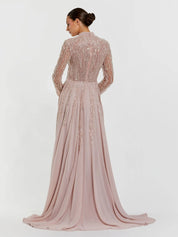 Light purple embellished long sleeve gown with slit