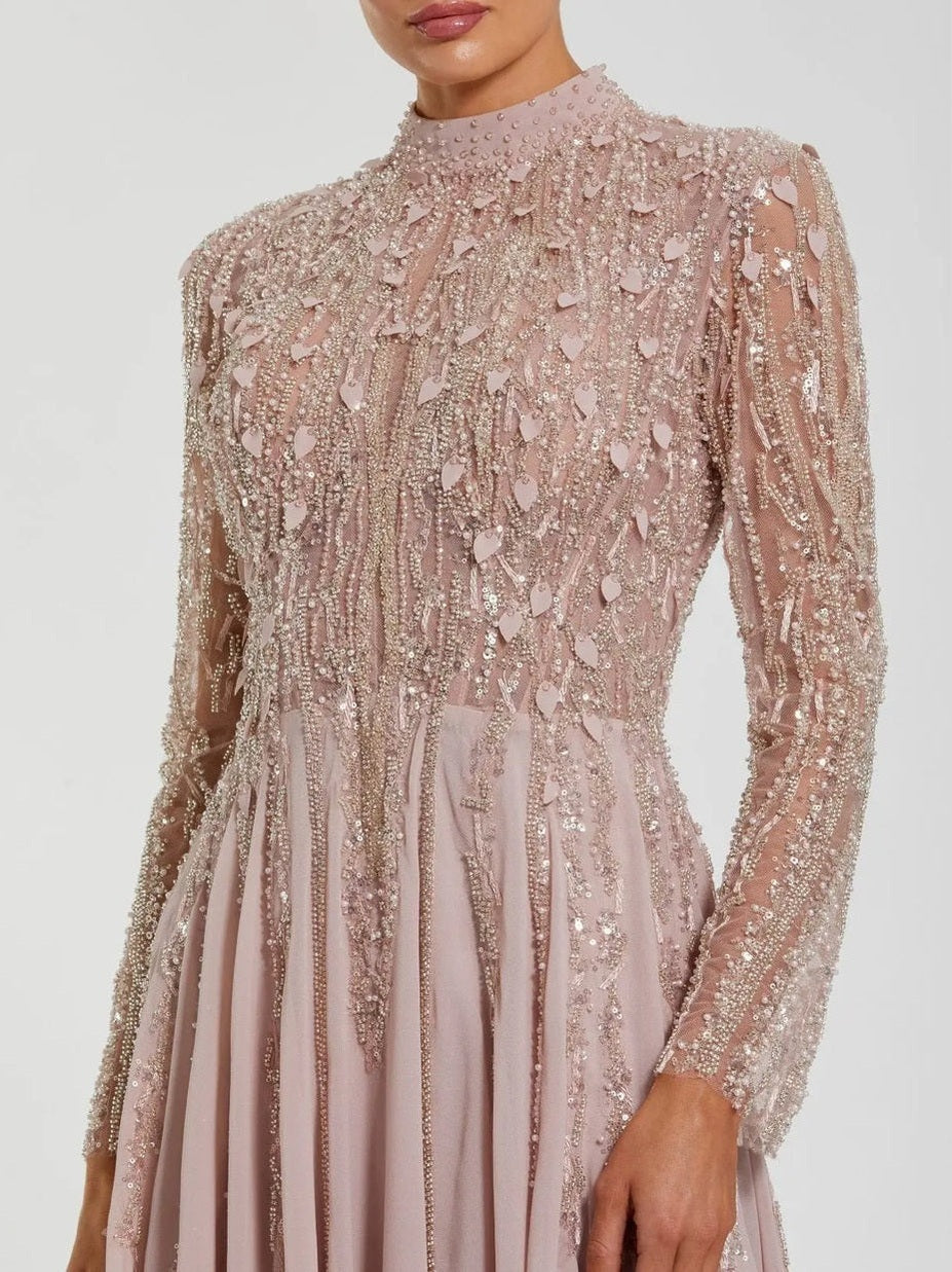Light purple embellished long sleeve gown with slit