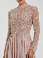 Light purple embellished long sleeve gown with slit