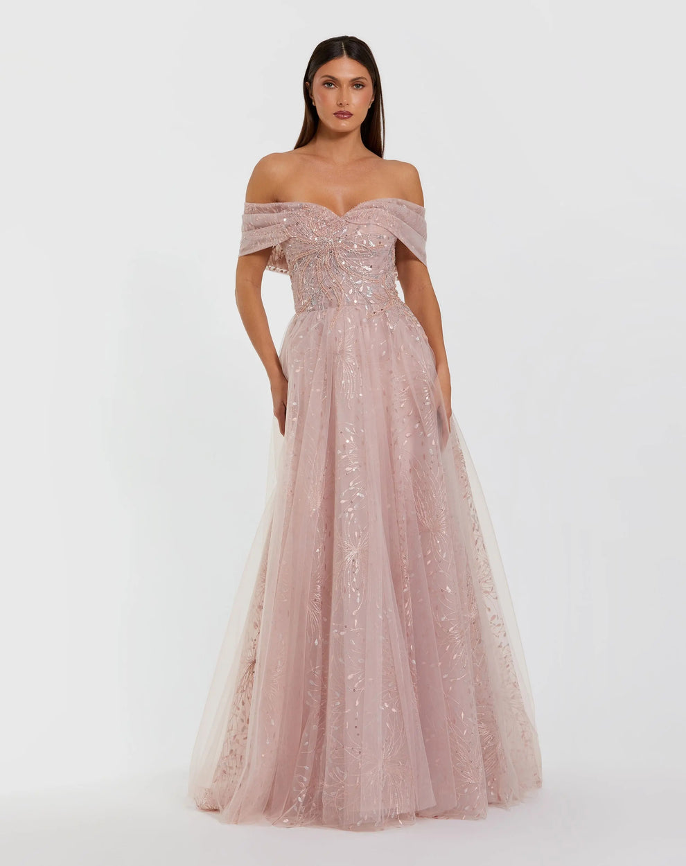 Pink embroidered tulle off-the-shoulder ball gown