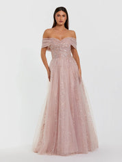 Pink embroidered tulle off-the-shoulder ball gown