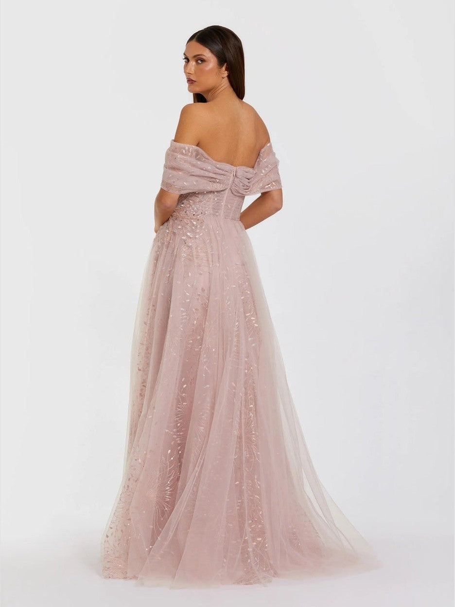 Pink embroidered tulle off-the-shoulder ball gown