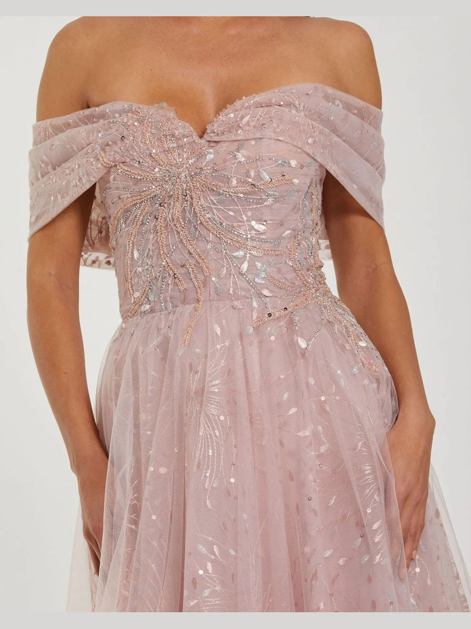 Pink embroidered tulle off-the-shoulder ball gown