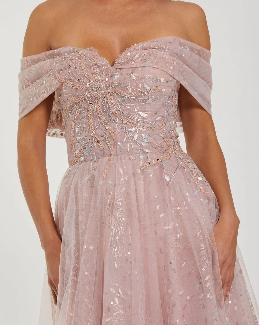 Pink embroidered tulle off-the-shoulder ball gown