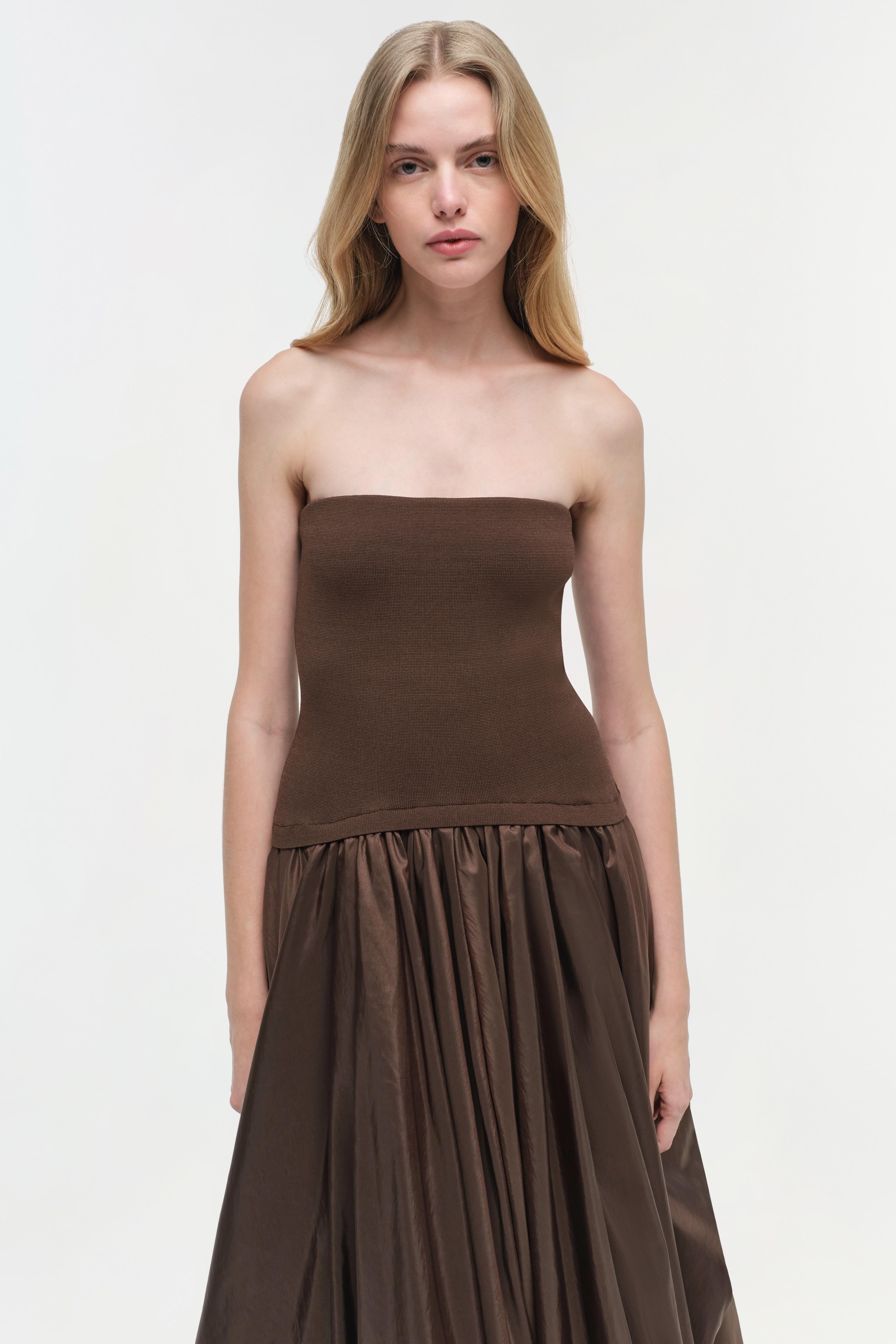 IZZY STRAPLESS TAFFETA MIDI DRESS