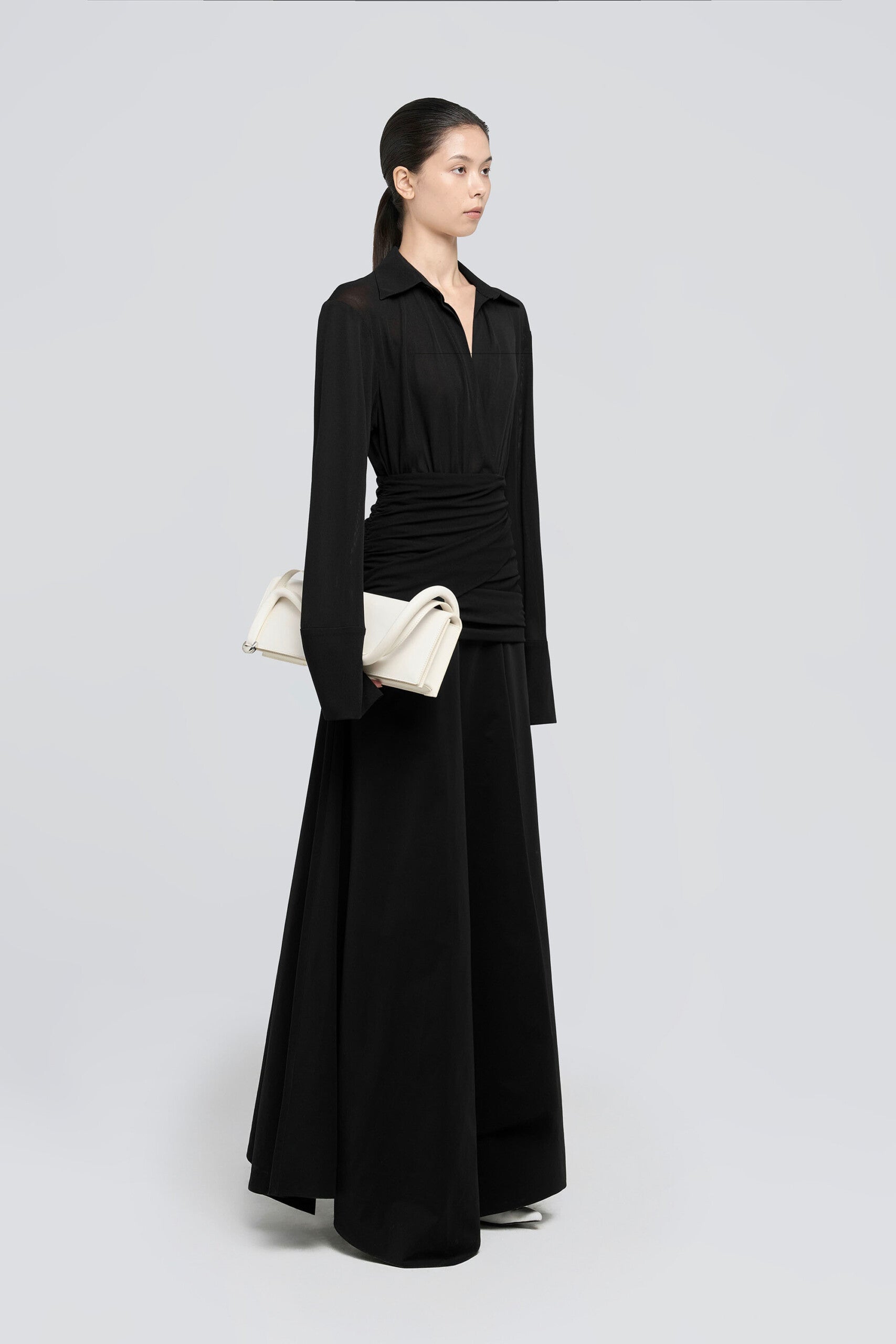 WAIST-CINCHED SHIRT DRESS WIH CLASSIC COLLAR AND DRAPED DETAILS