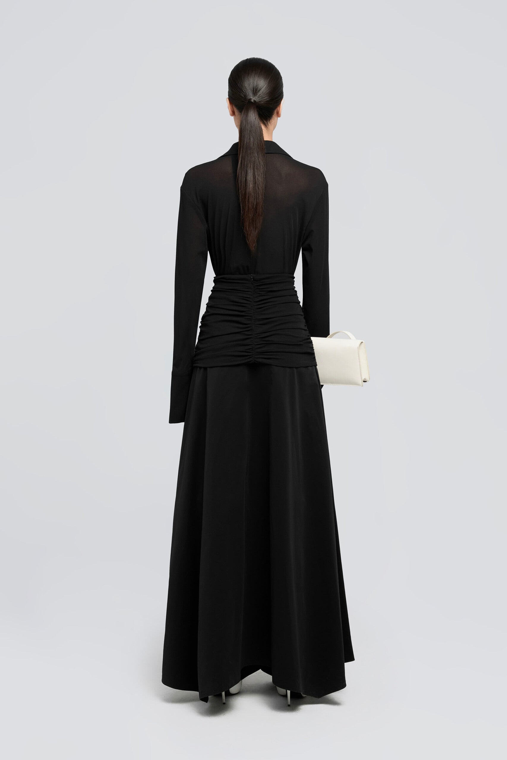 WAIST-CINCHED SHIRT DRESS WIH CLASSIC COLLAR AND DRAPED DETAILS