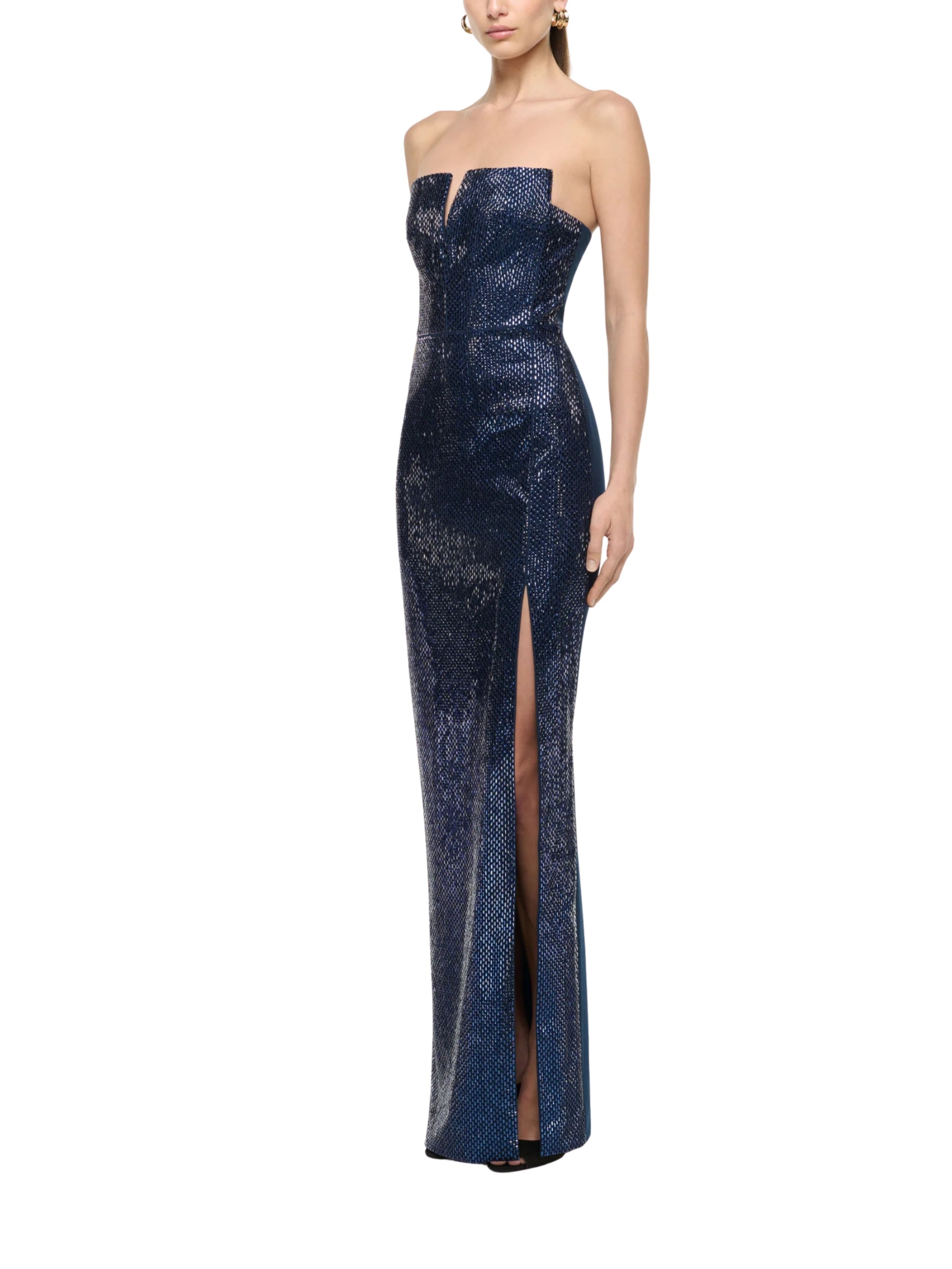 STRAPLESS ALL OVER DIAMANTE GOWN NAVY