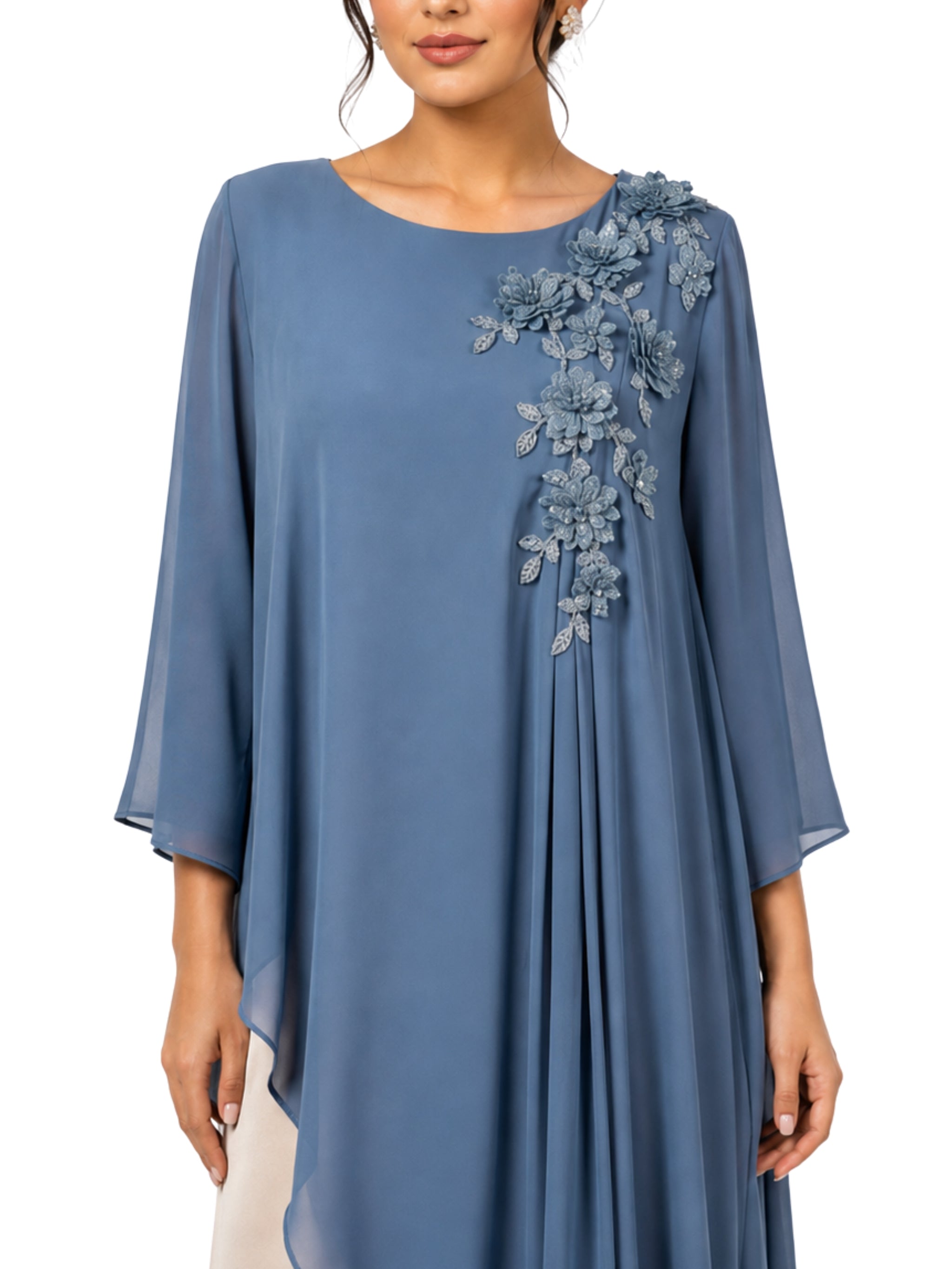 Blue-Beige Hand-Embroidered Pleated Shoulder Modest Dress