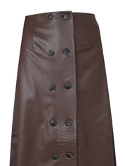 BROWN VEGAN LEATHER BUTTON-DETAIL MIDI SKIRT