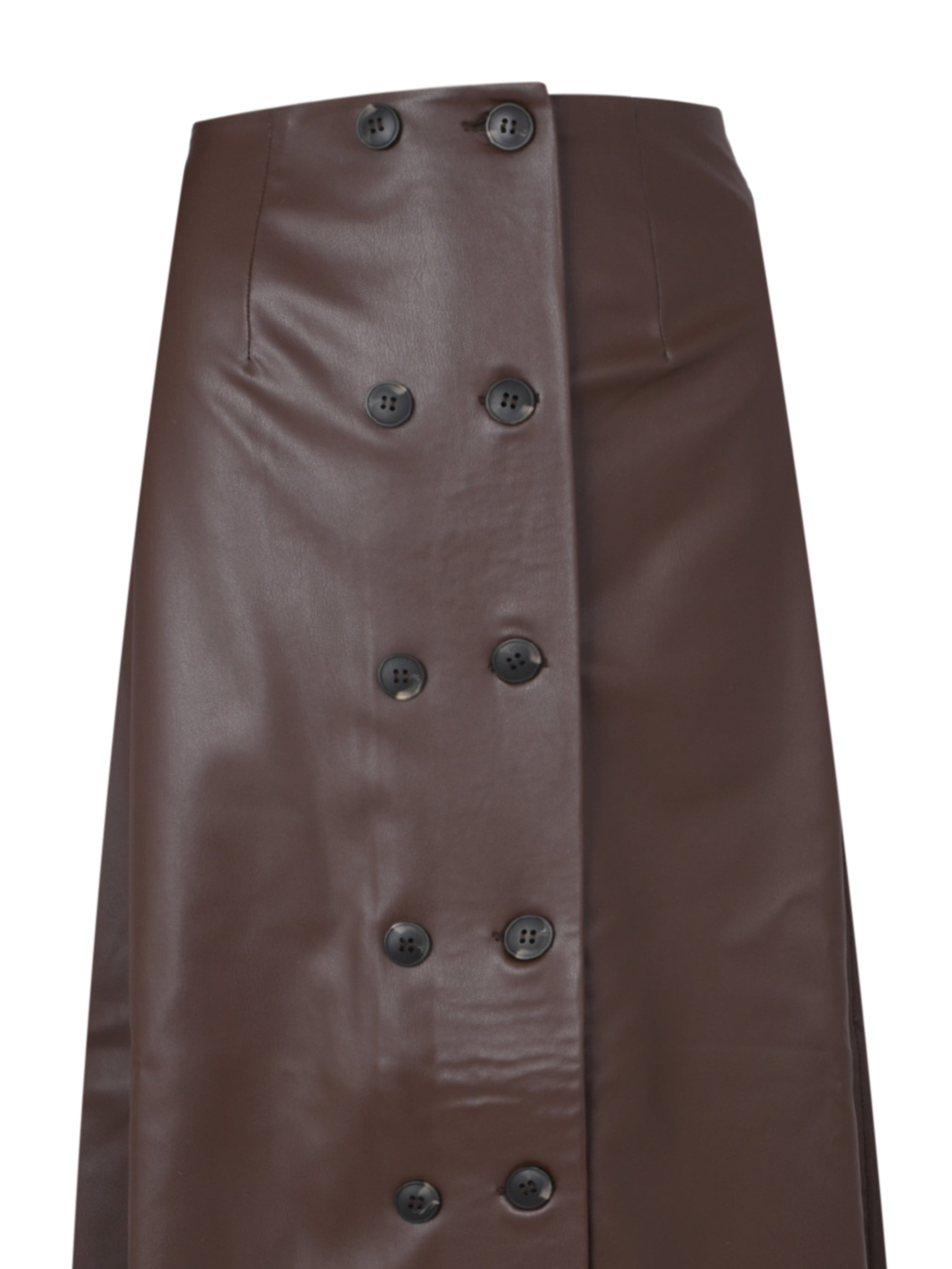 BROWN VEGAN LEATHER BUTTON-DETAIL MIDI SKIRT
