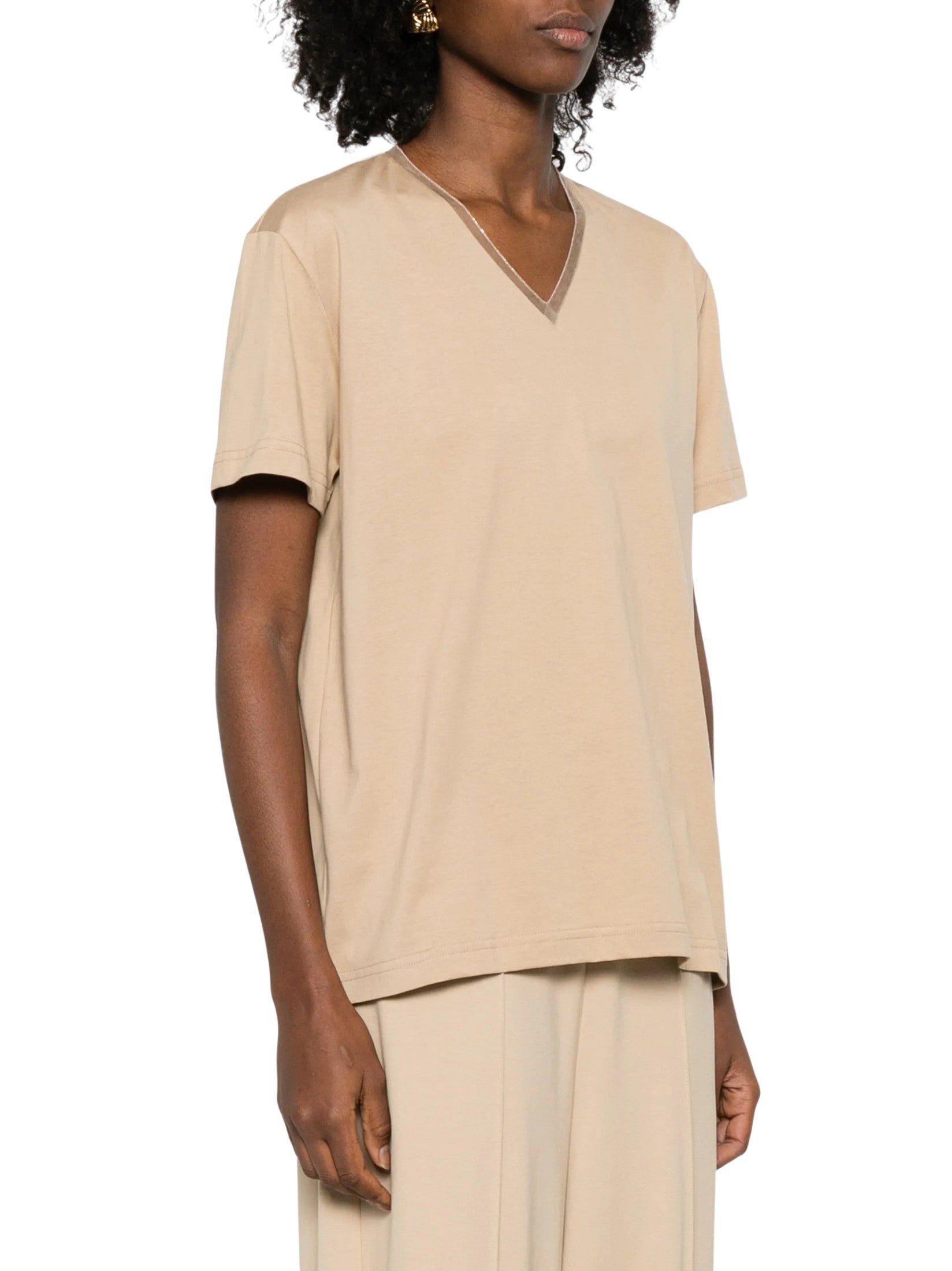 Cotton jersey v neck t-shirt tulle and filo diamante detail