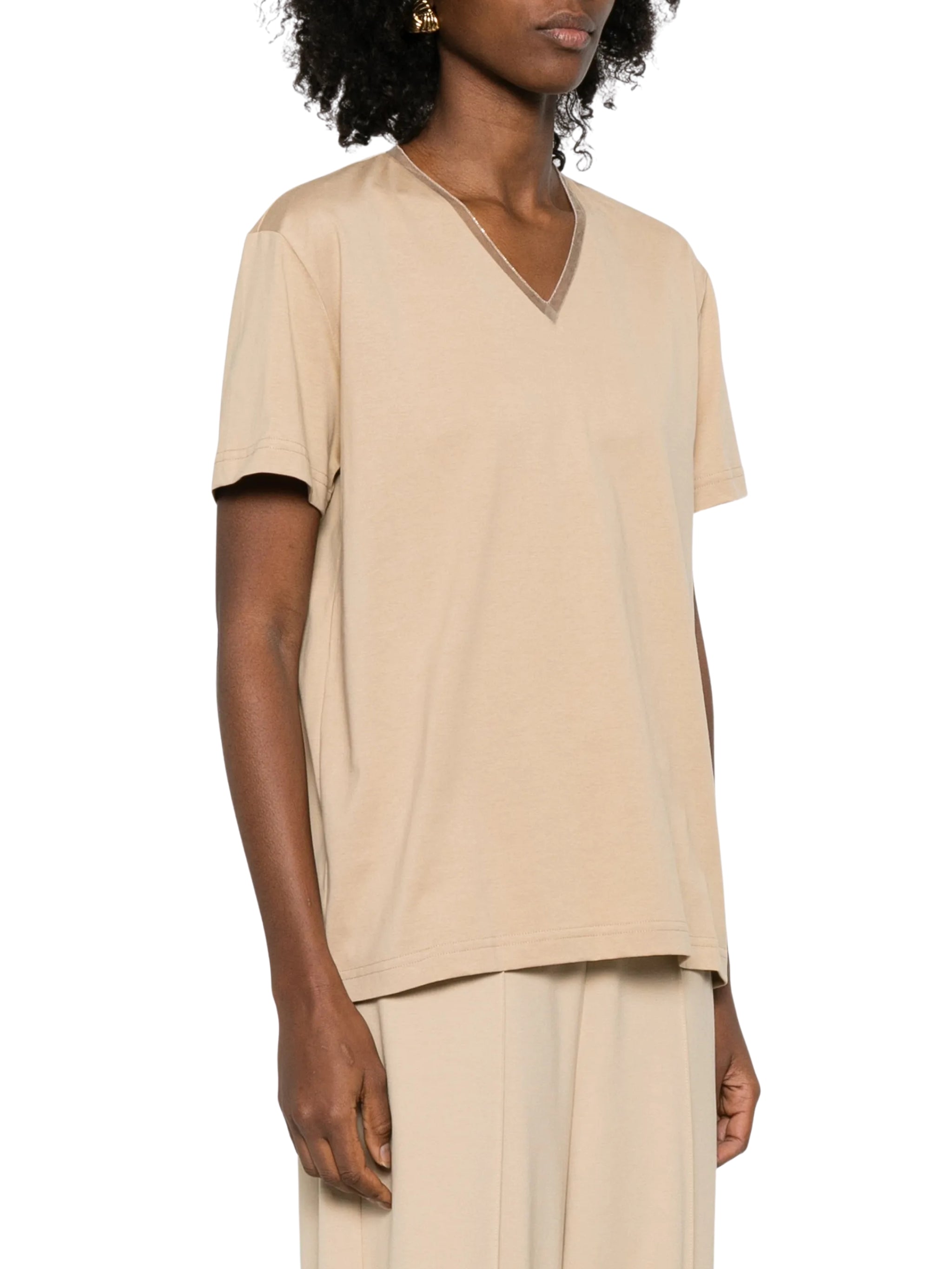 Cotton jersey v neck t-shirt tulle and filo diamante detail