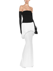 Strapless long dress featuring voluminous draping at the hips