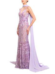 Bead embroidered long dress with scarf