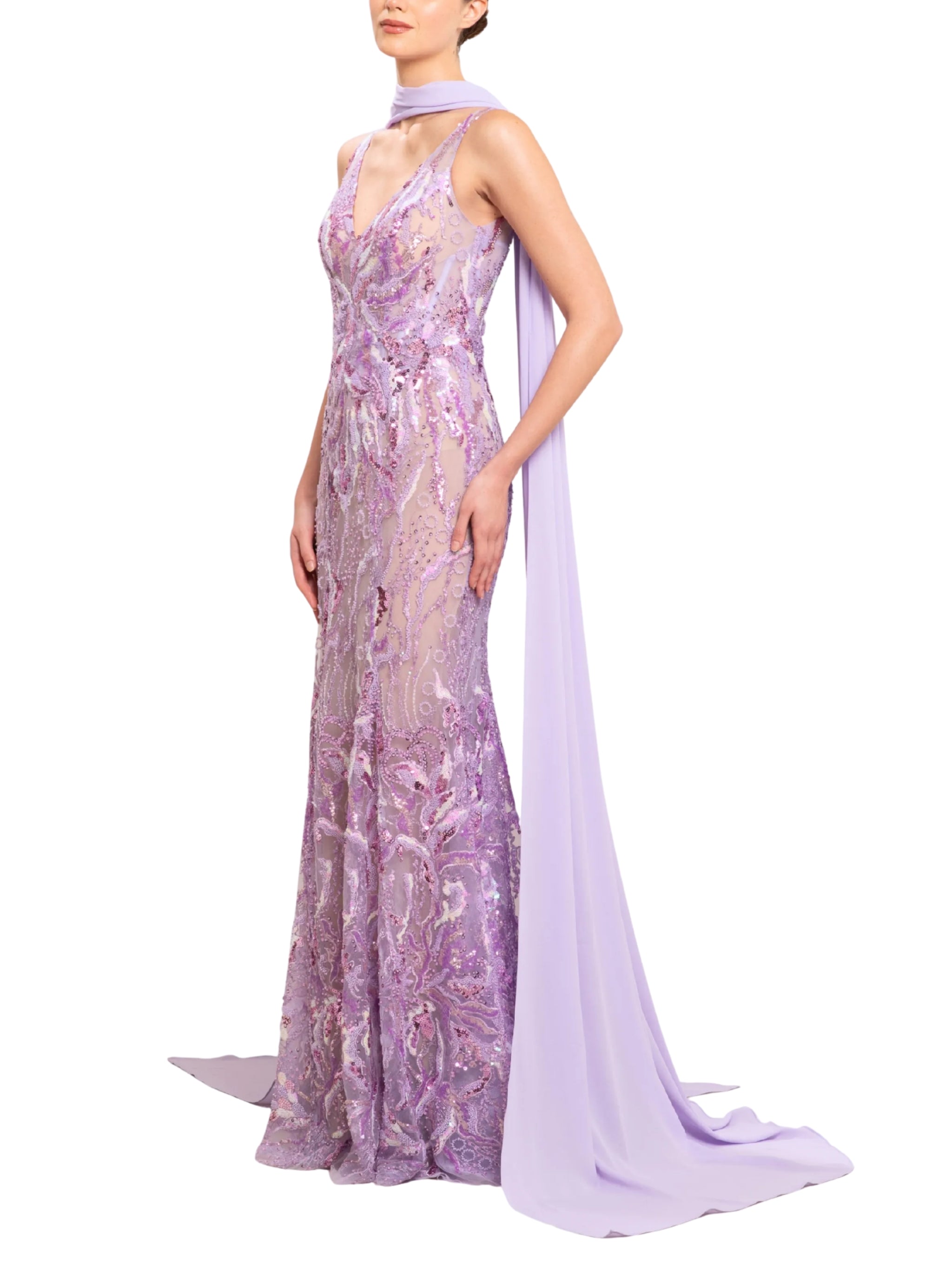 Bead embroidered long dress with scarf