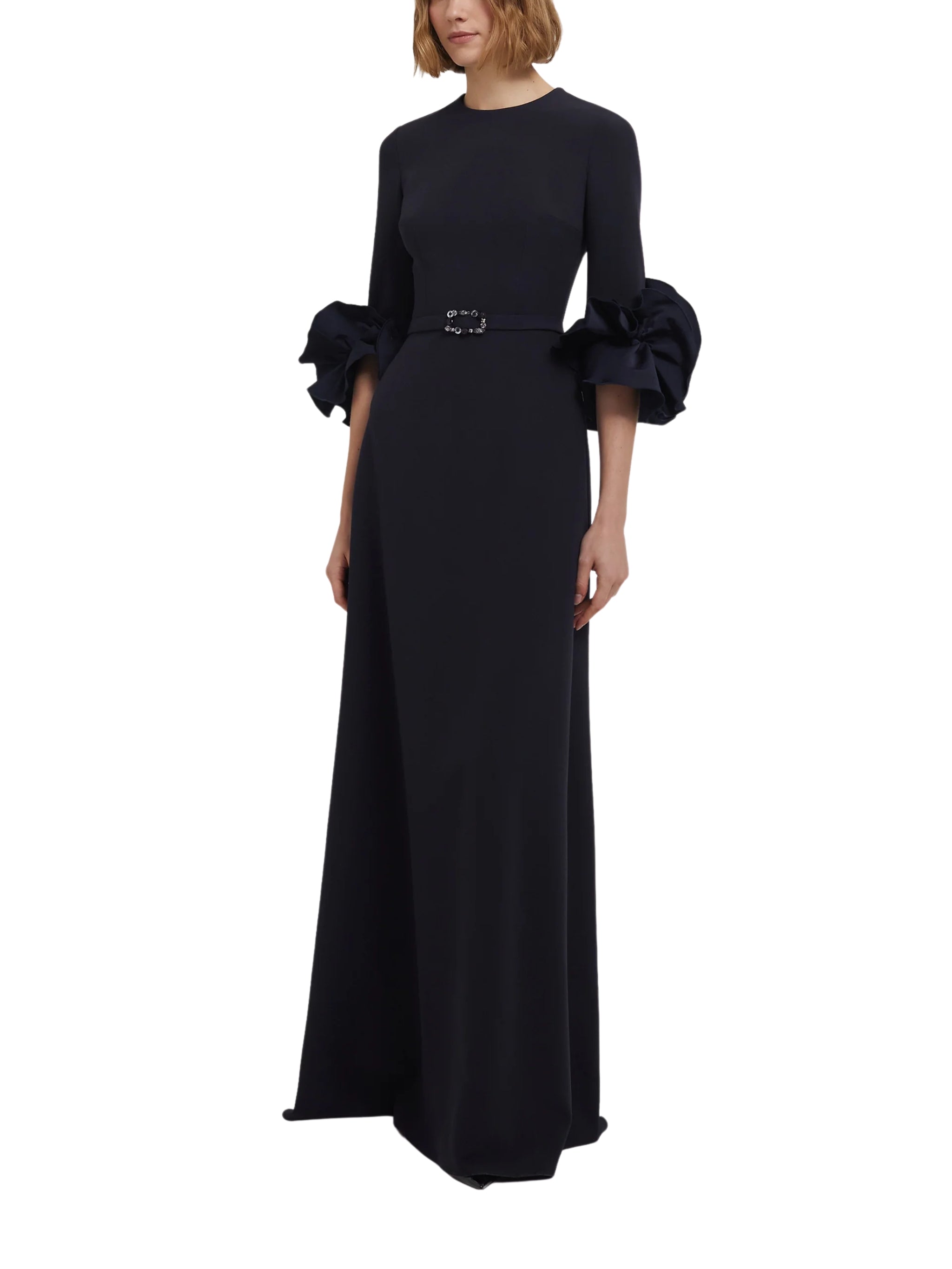 BELEN LONG SLEEVE A-LINE GOWN WITH RUFFLE SLEEVE DETAIL