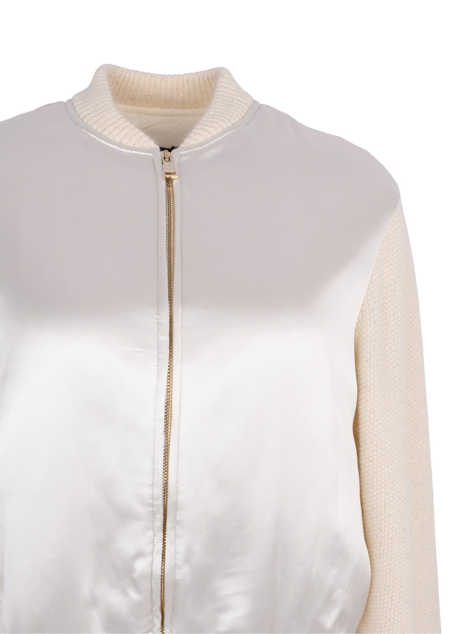 Satin padded bomber with knit sleeve