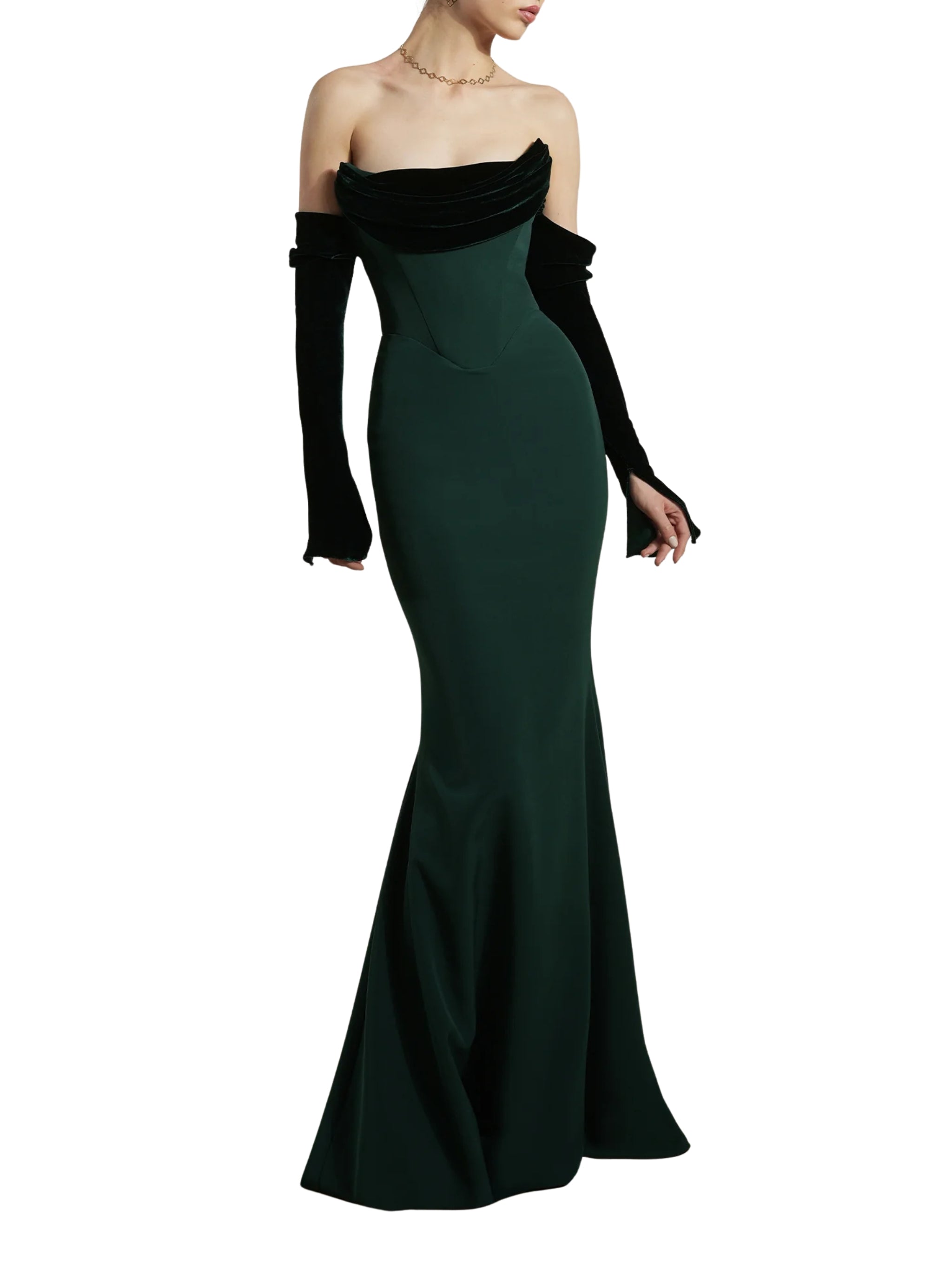 Raven Crepe and Velvet Dress in Dark-Green