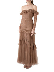 Sequin glimmer rouched off-shoulder gown