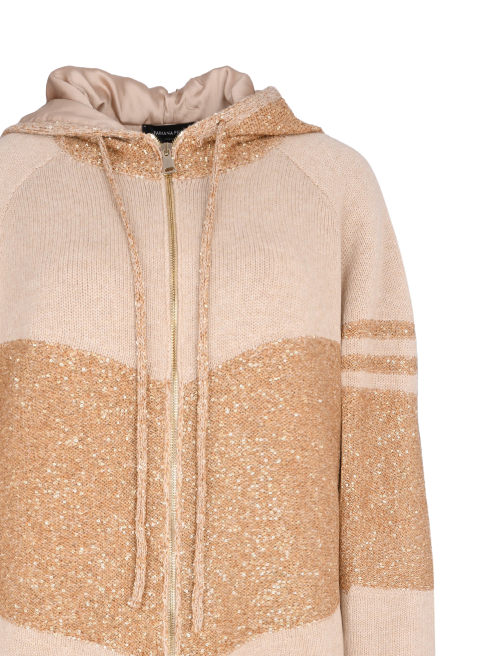 PLATINUM HOODED SWEATER WITH SEQUIN GEOMETRIC INTARSIA