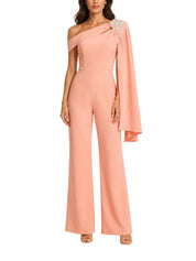 Tassle embroidery on one shoulder jump suit with attached cape sleeve on one side