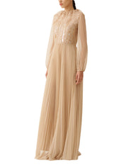 Pleated tulle long sleeve embroidered long dress