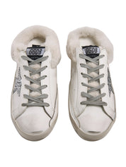 Super-Star Sabots in white leather with shearling lining and silver star