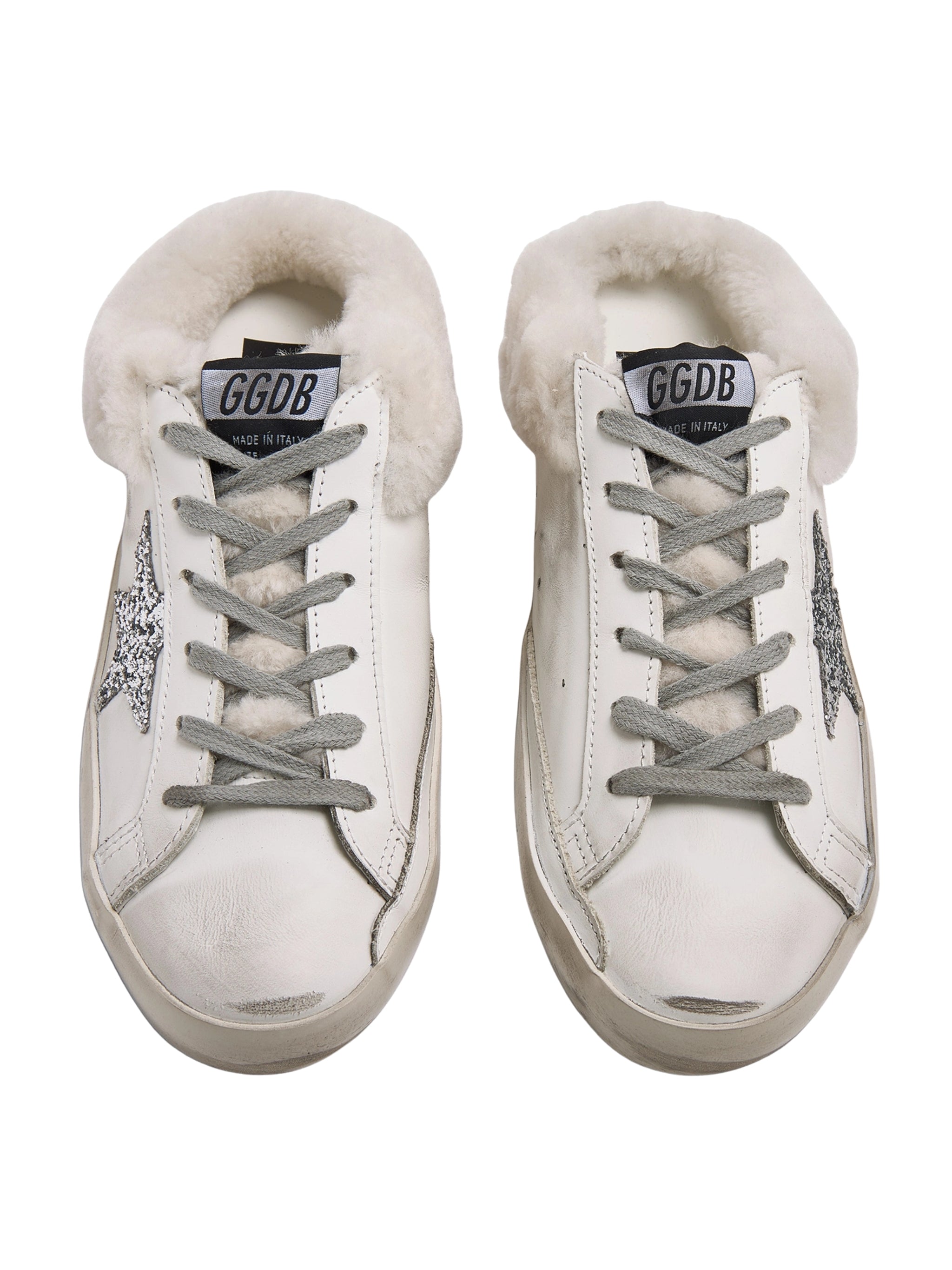 Super-Star Sabots in white leather with shearling lining and silver star