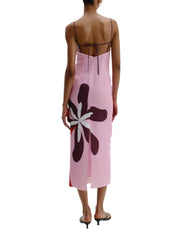 Fitted bodice midi dress featuring a straight skirt and thin straps