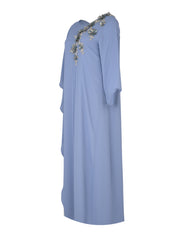 Blue-Beige Hand-Embroidered Pleated Shoulder Modest Dress