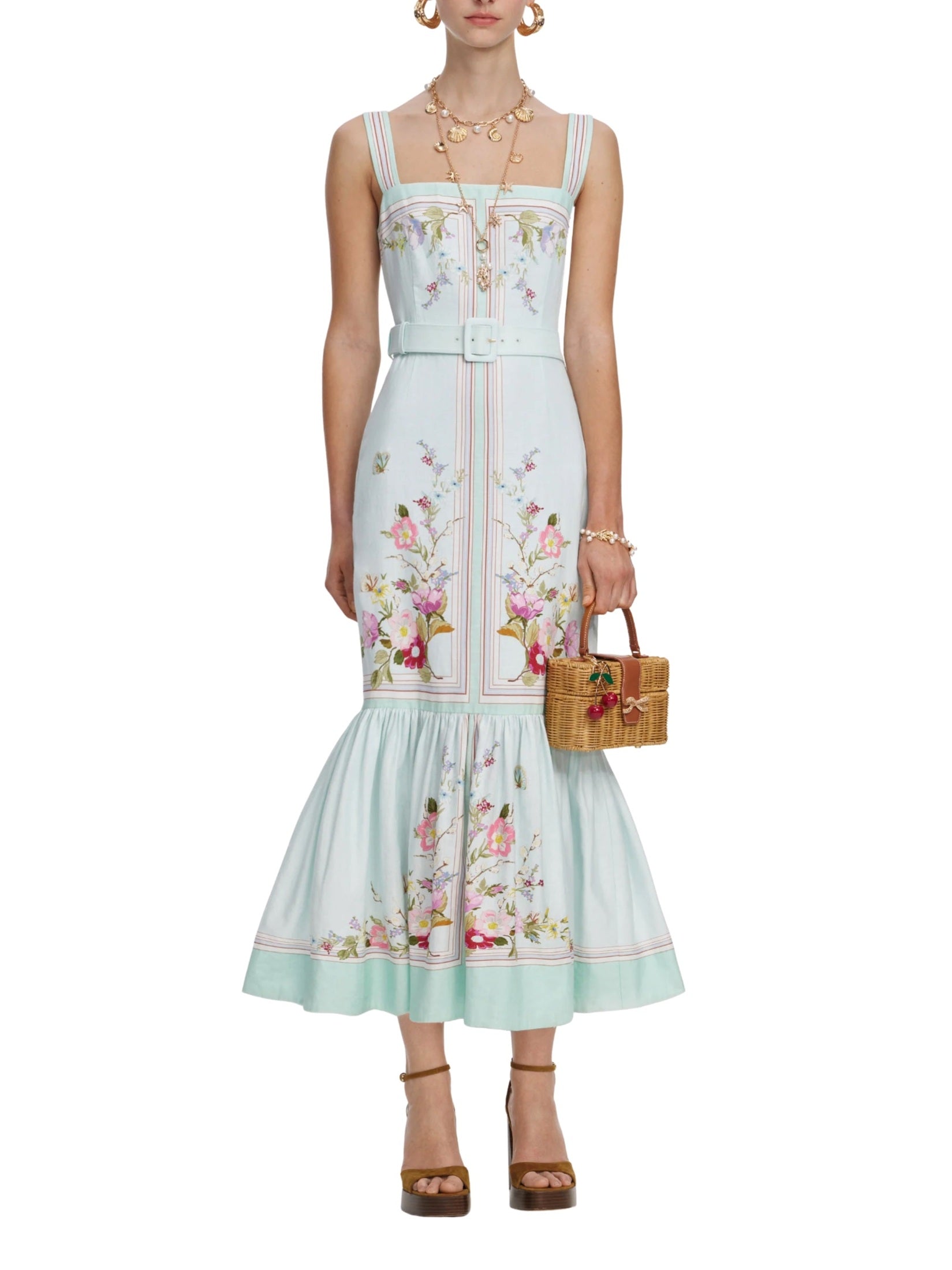 Mint floral linen midi dress