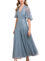 DAPPLED SEQUIN CAPE ANKLE GOWN
