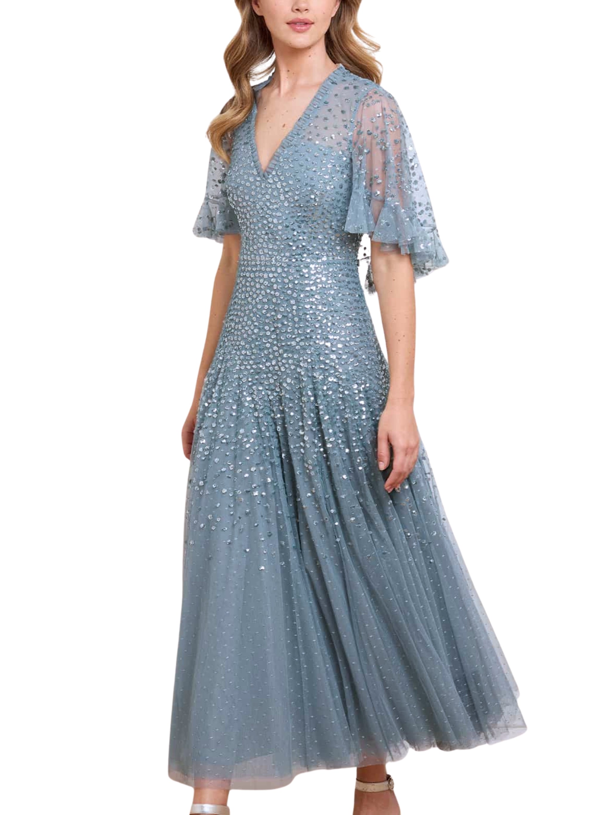 DAPPLED SEQUIN CAPE ANKLE GOWN