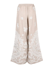 Perle full elastic waistband linen wide leg long pant with cord lame jacquard embroidery applique