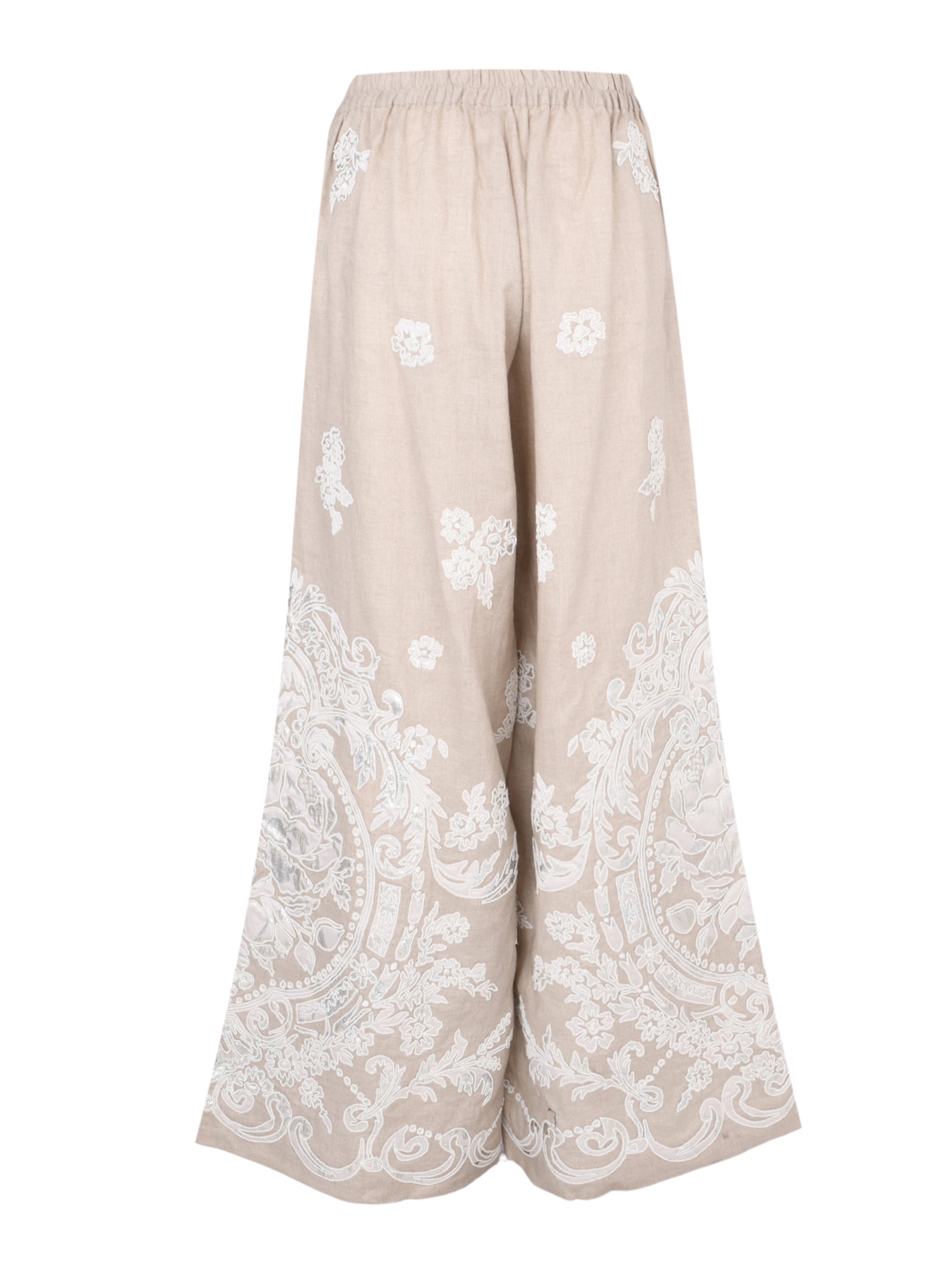 Perle full elastic waistband linen wide leg long pant with cord lame jacquard embroidery applique