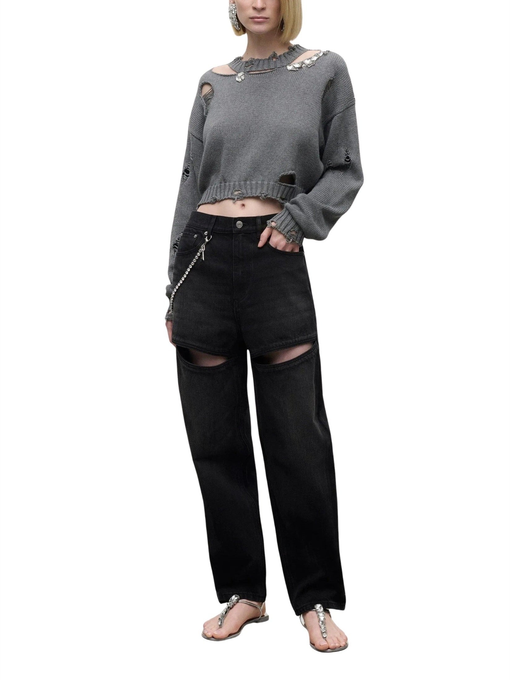 Distressed crystal crewneck sweater