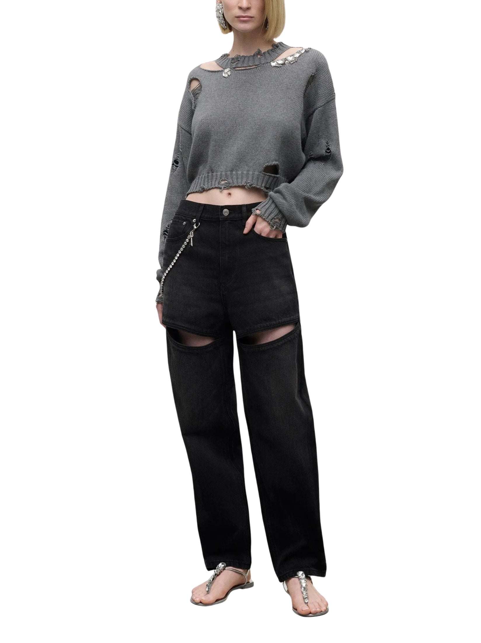 Distressed crystal crewneck sweater