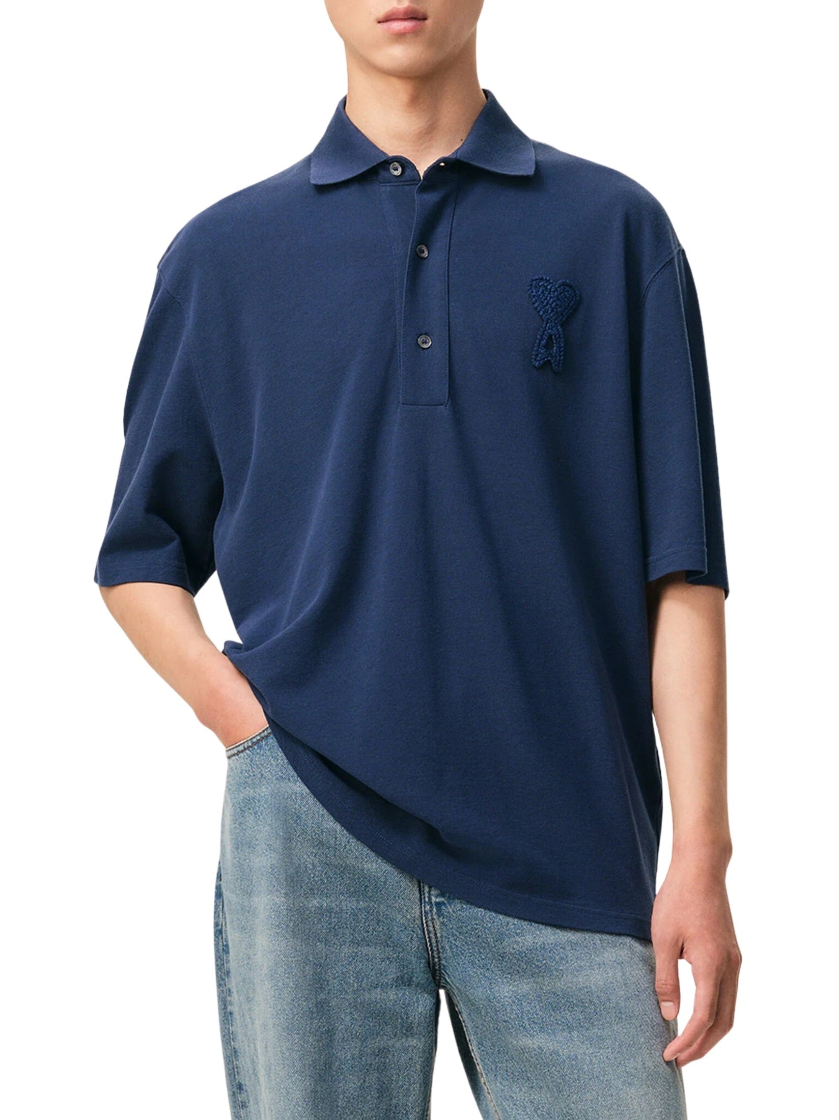 Boxy fit polo with ami de coeur knitted patch