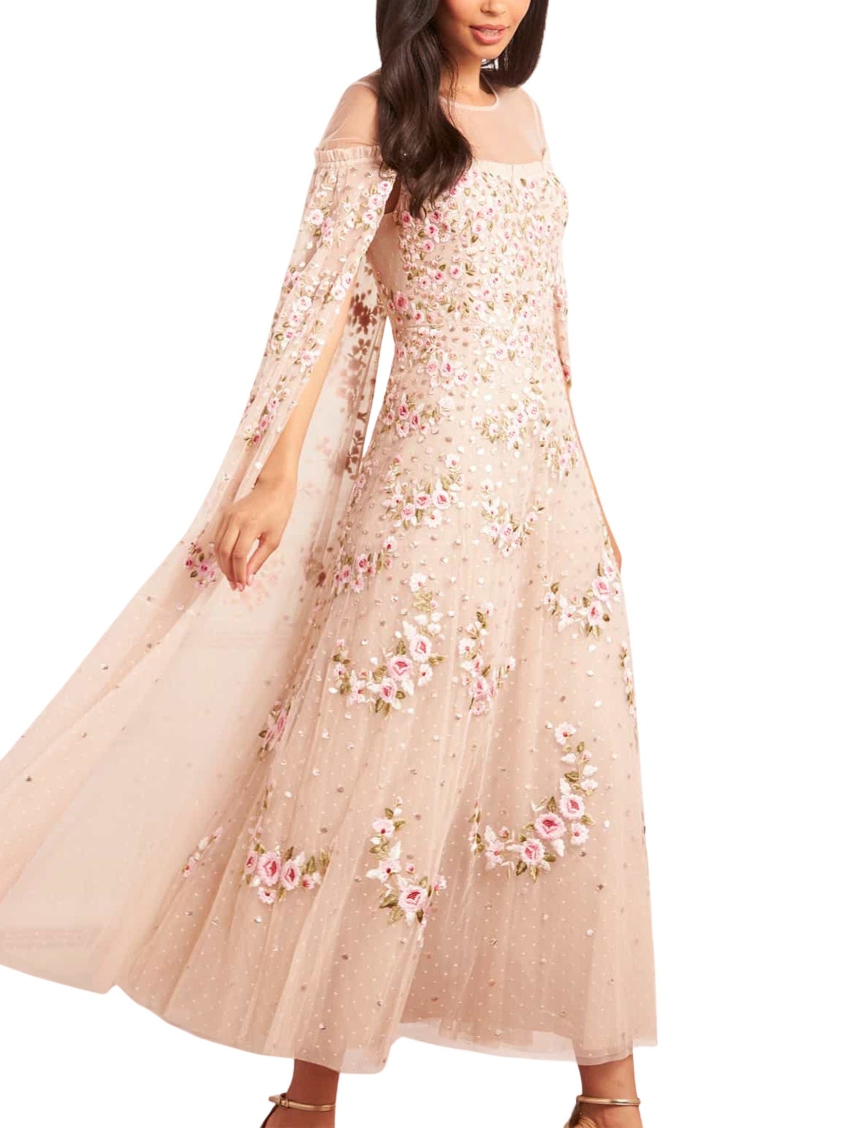 Crescent roses cape ankle gown