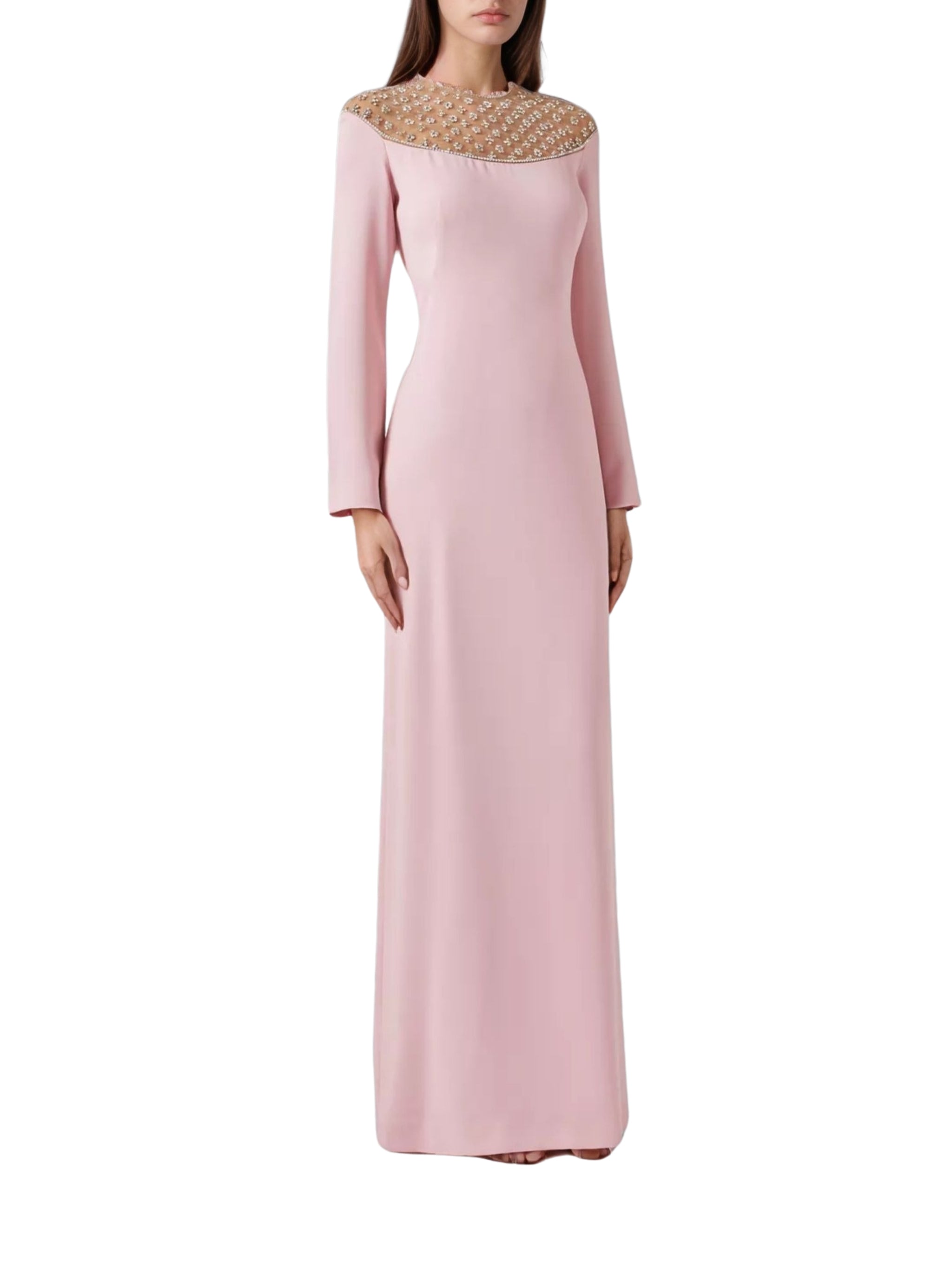 RAISA CREPE LONG-SLEEVE GOWN WITH CRYSTAL-EMBELLISHED TULLE ILLUSION NECKLINE