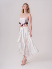 Belted Linen Skirt with Lace and Slit Detail