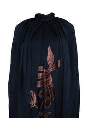 Indara heavy satin ankle length cape dress with velvet embroidery applique
