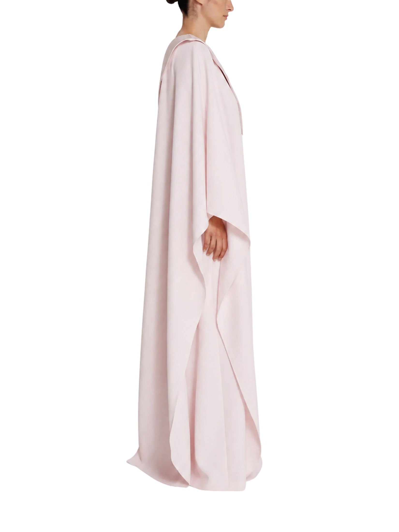 Asymmetric gown with drapped sleeve detail