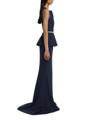 Sleeveless high boatneck gown with flared peplum